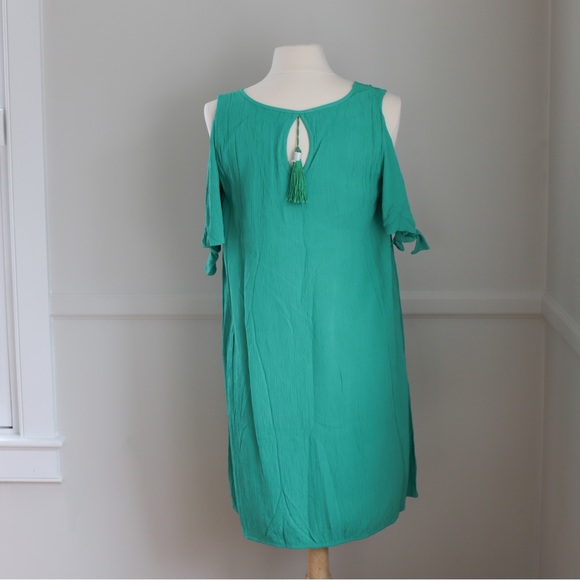 NEW Soft Surroundings Destin Crinkle Pullover Cold Shoulder Tunic Dress Green SP - Picture 8 of 9